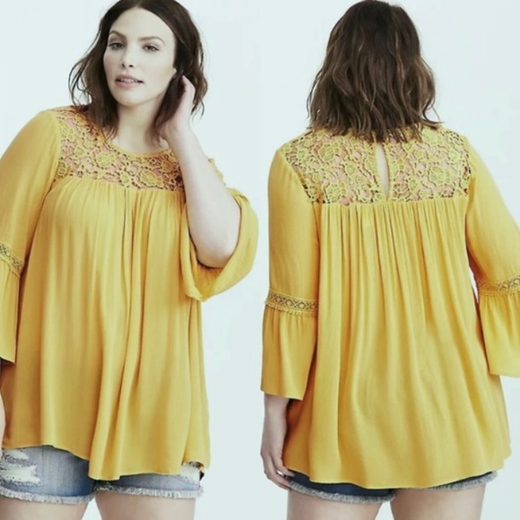 torrid Tops - Torrid Boho Lace Inset Gauze Blouse Yellow Size 1X